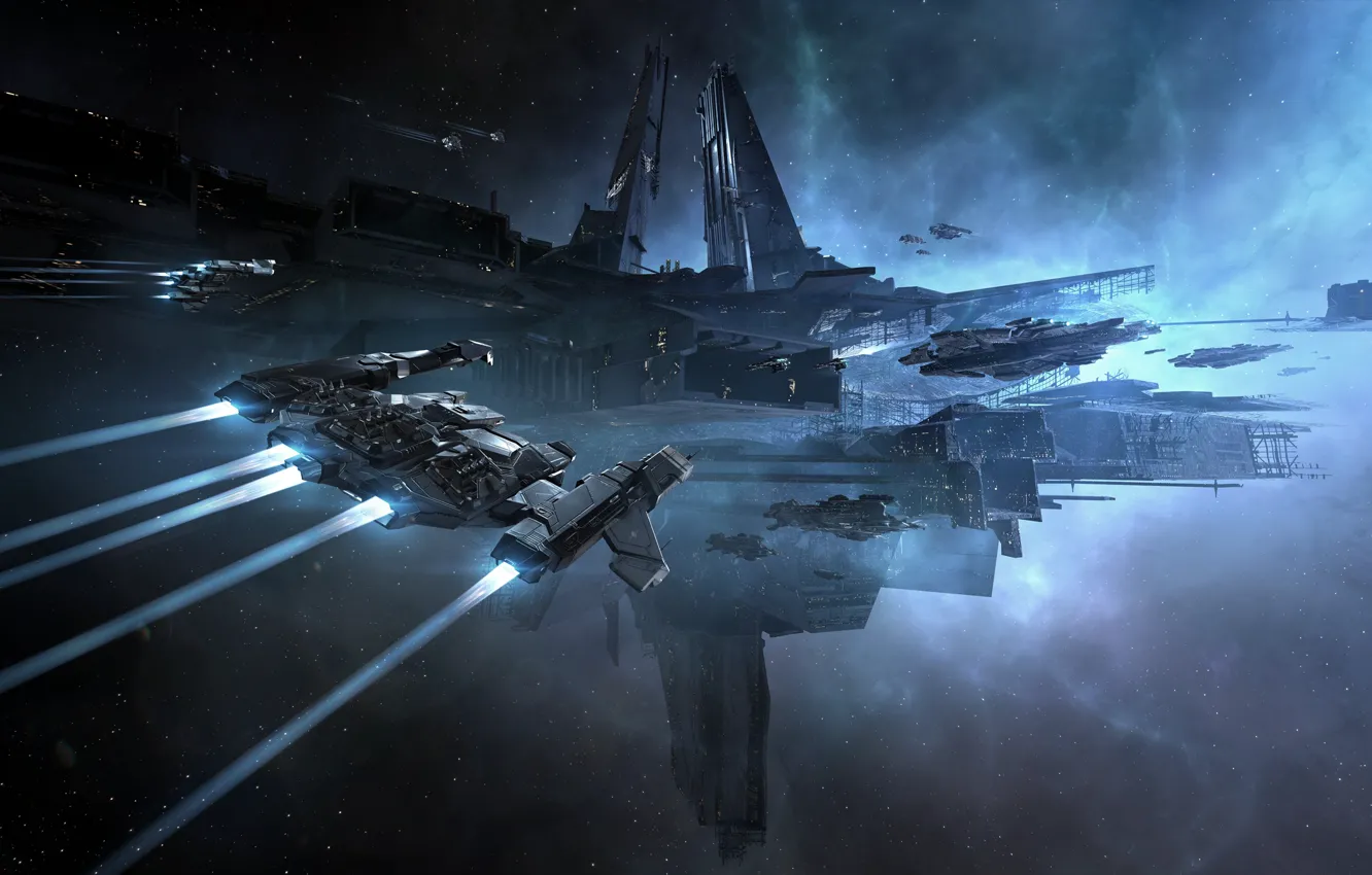 Фото обои космос, туманность, станция, space, битва, космический корабль, station, eve online