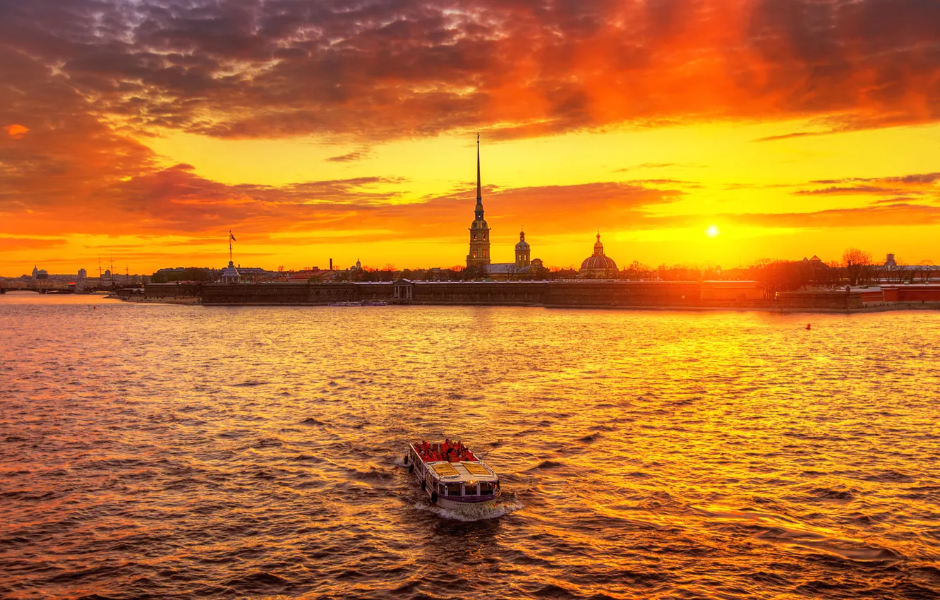 Фото обои закат, Санкт-Петербург, с видом на Петропавловскую крепость