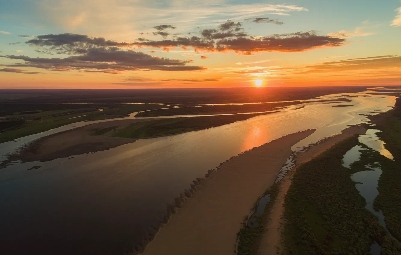 Фото обои солнце, закат, берег, водоем