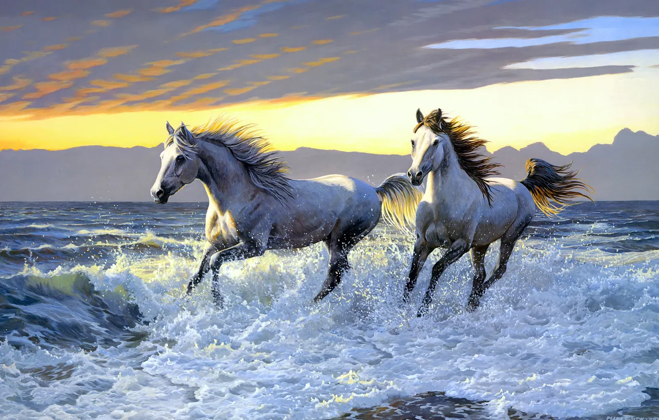 Фото обои море, вода, брызги, берег, рисунок, кони, картина, лошади