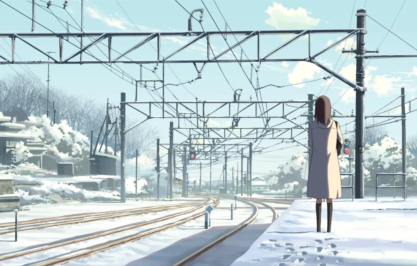 Фото обои зима, небо, снег, следы, столбы, провода, рельсы, станция