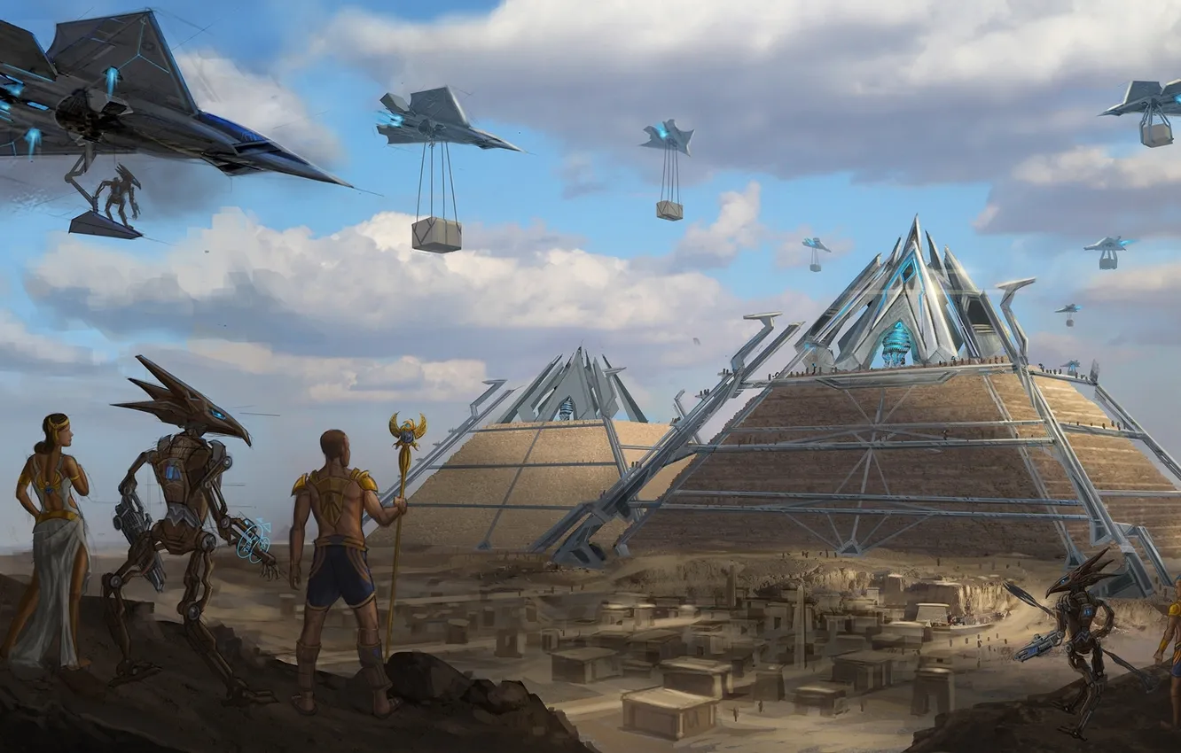 Фото обои стройка, сооружение, арт, самолеты, пирамиды, пришельцы, египет