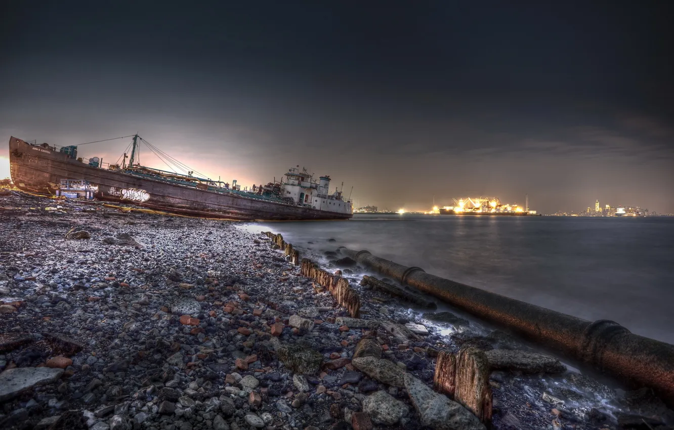 Фото обои HDR, Night, New York City, Long Exposure, Shipwreck, Staten Island
