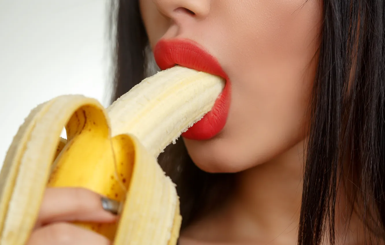 Фото обои Девушка, Губы, Банан, Lips, Banana, Крупным планом, Кожура