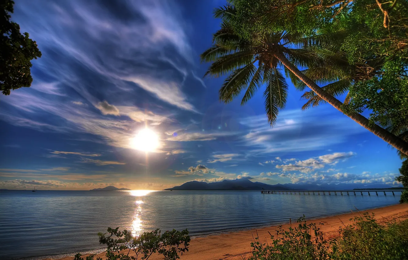 Фото обои море, небо, солнце, облака, закат, природа, тропики, отражение