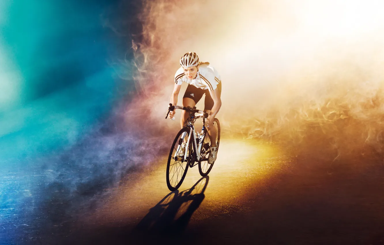 Фото обои дорога, девушка, свет, велосипед, фон, цвет, олимпиада