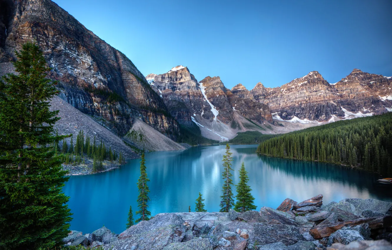 Фото обои пейзаж, горы, природа, озеро, отражение, камни, скалы, Канада