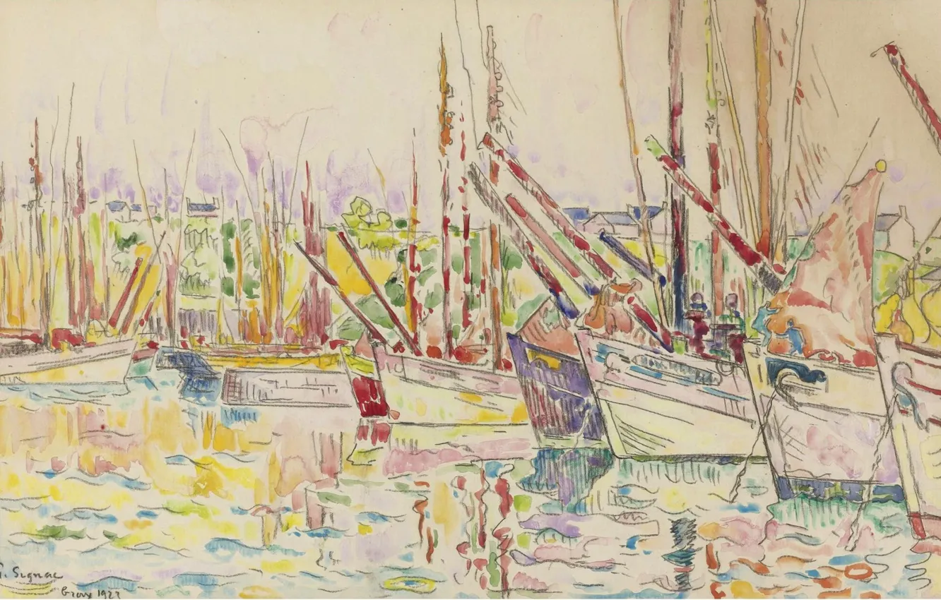 Фото обои рисунок, акварель, 1923, Поль Синьяк, Paul Signac, Лодки. Груа