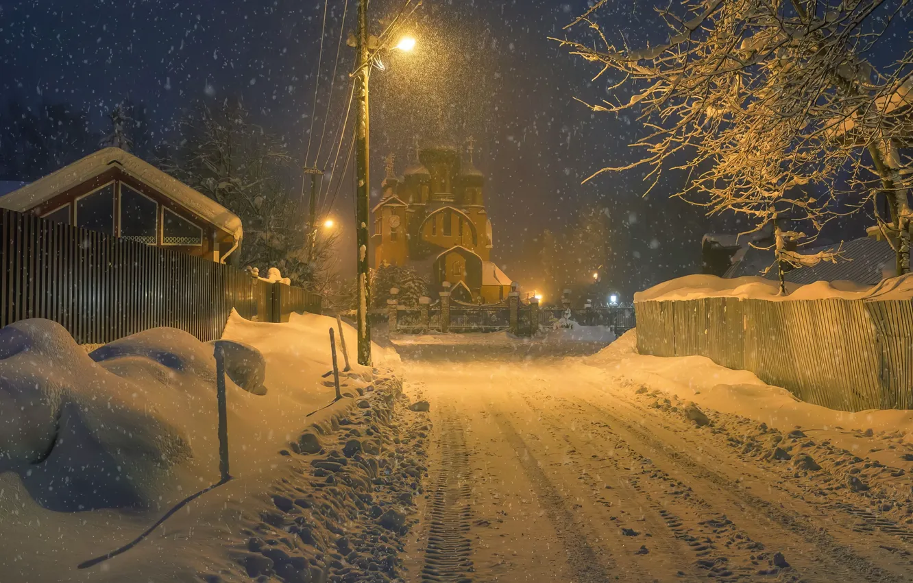 Фото обои Дома, Снег, Snow, Houses, Winter Night, Зимняя ночь