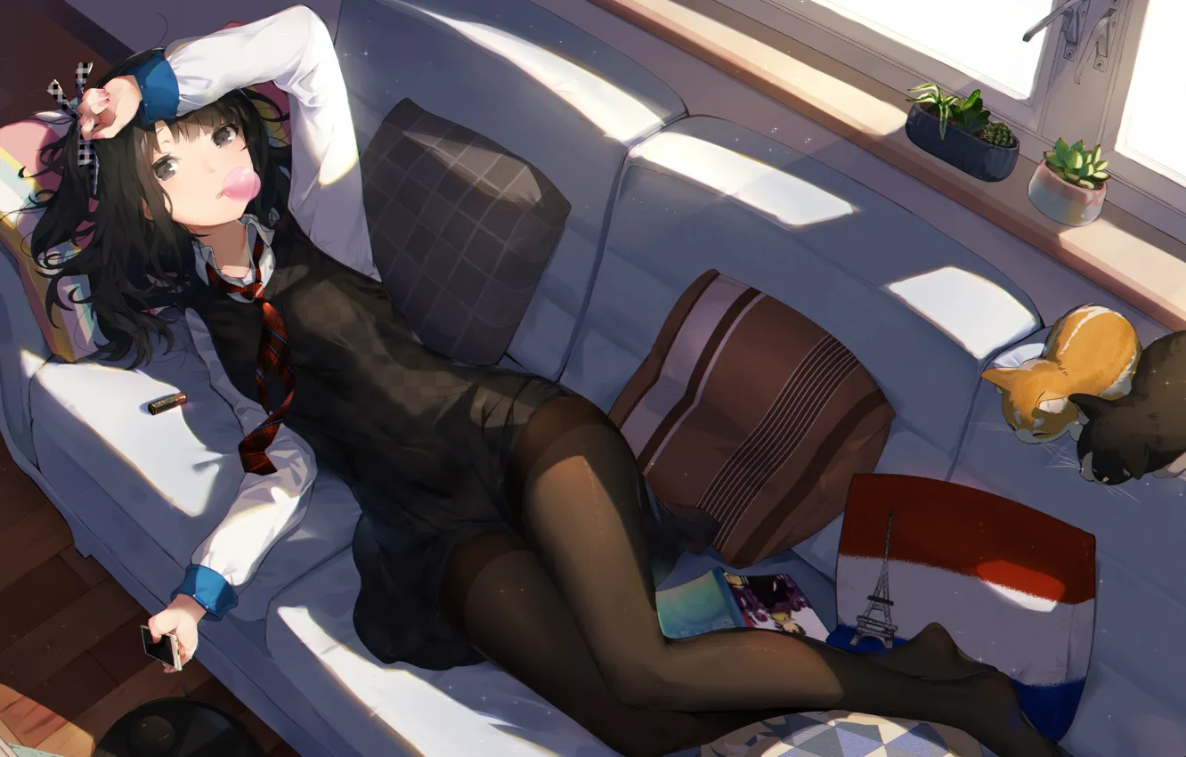 Фото обои school uniform, anime, women, window, cats, digital art, couch, shirt