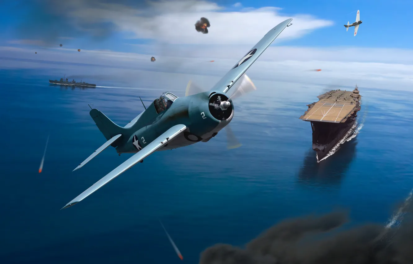 Фото обои море, небо, война, рисунок, корабли, истребитель, арт, авианосец