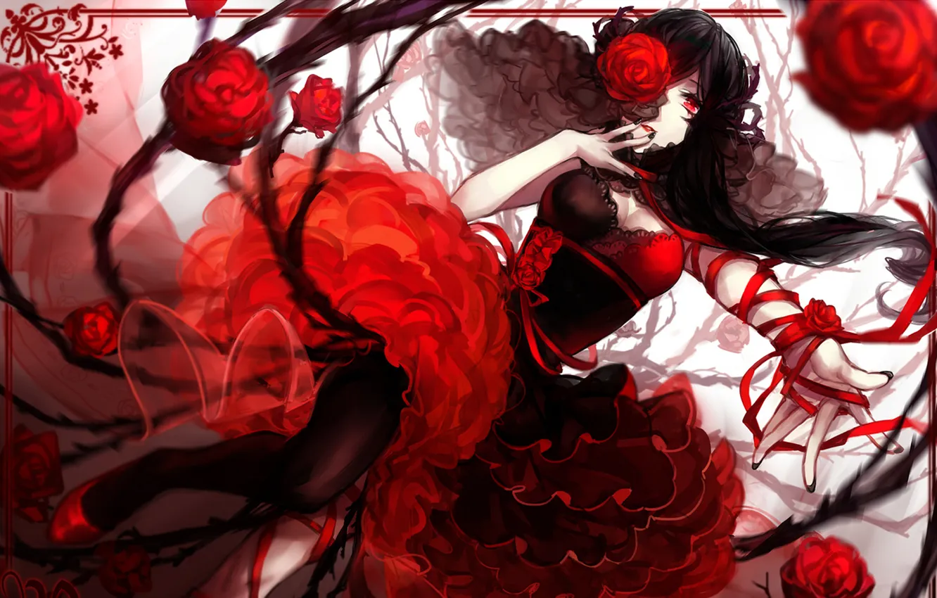 Фото обои розы, Девушка, лента, красное платье