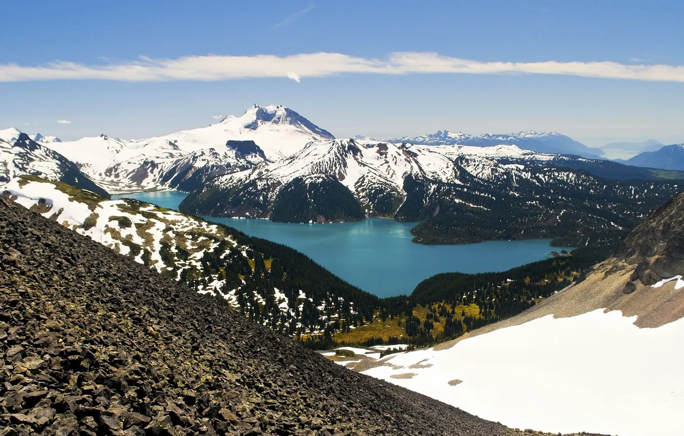 Фото обои снег, горы, природа, озеро, камни