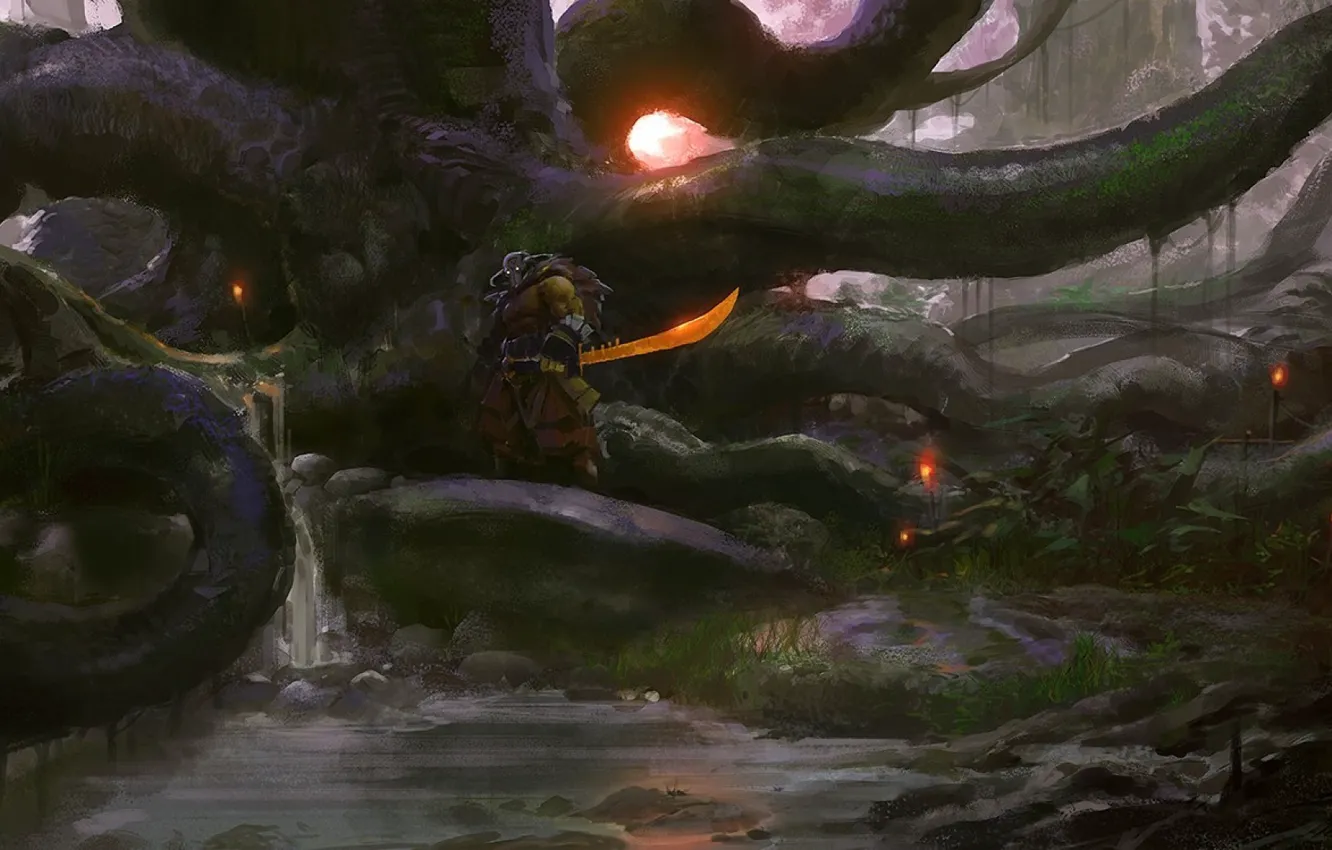 Фото обои лес, ручей, дерево, арт, Dota 2, Juggernaut, мечник