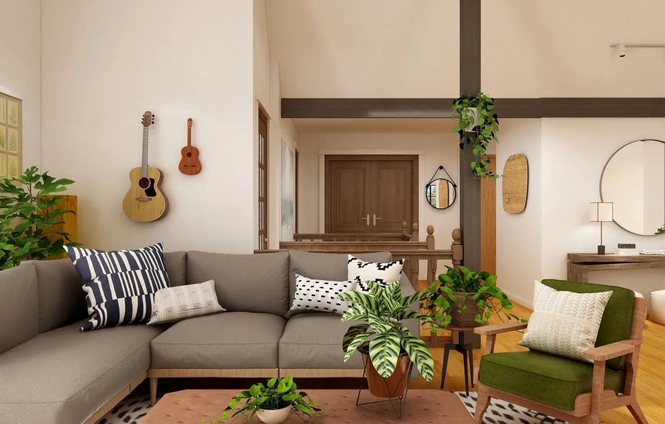 Фото обои комната, диван, гитара, интерьер, растения, кресло, подушки, зеркала