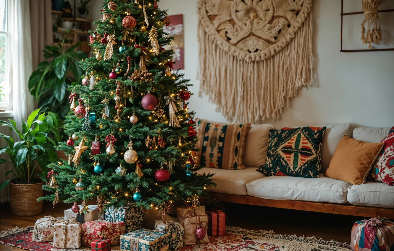 Фото обои комната, елка, интерьер, Рождество, Новый год, Christmas, view, tree