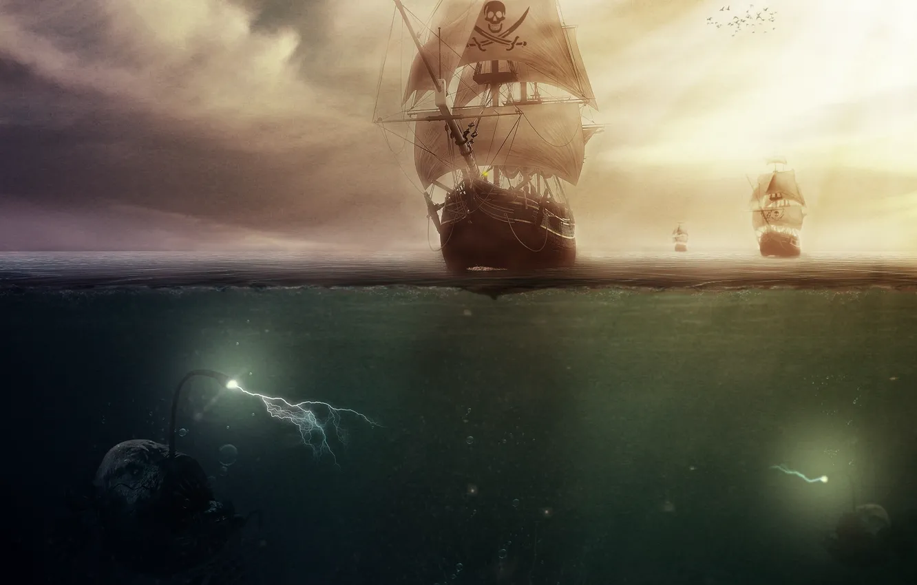 Фото обои море, корабль, монстры, пираты