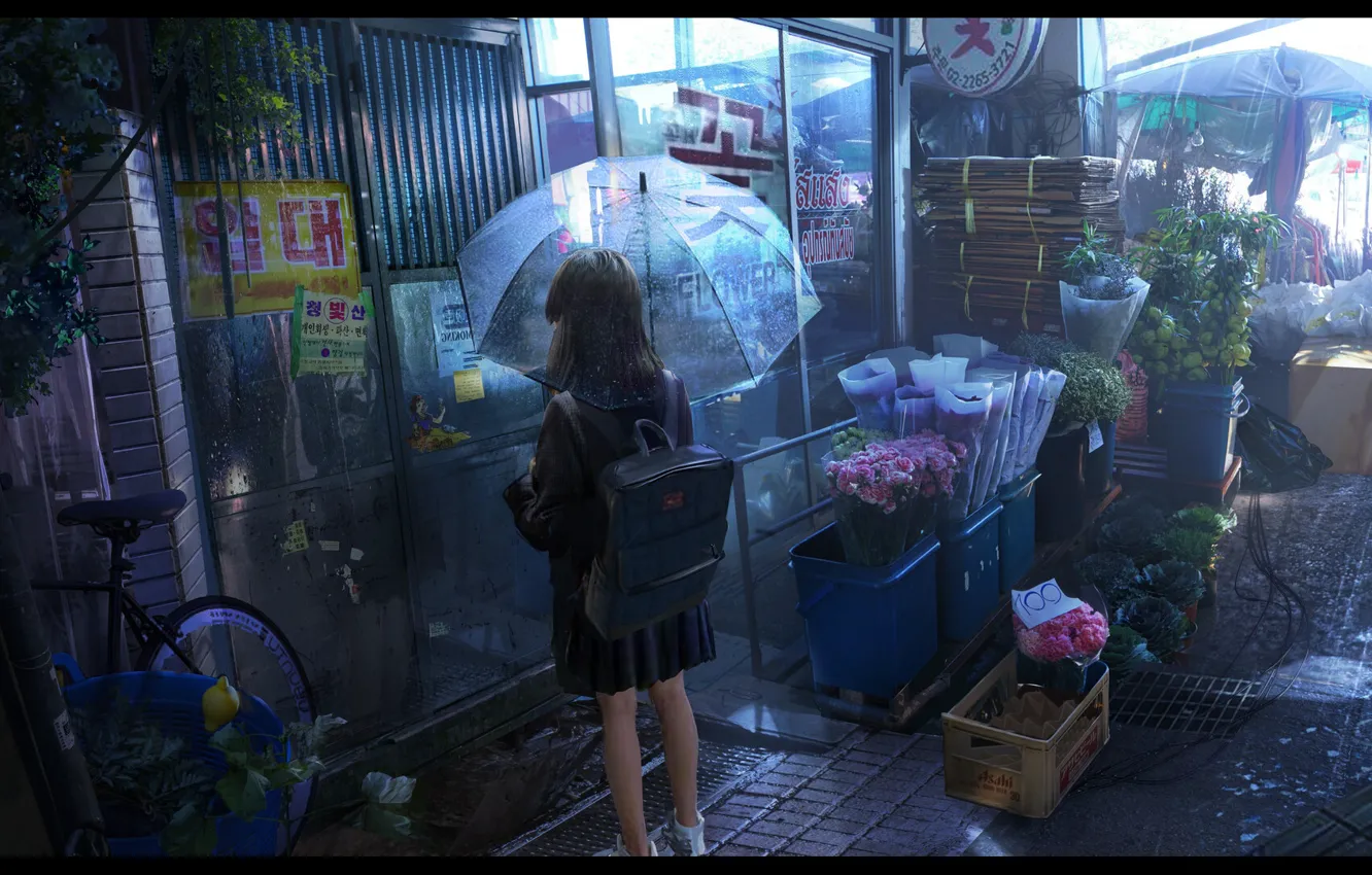 Фото обои цветы, дождь, настроение, зонт, арт, девочка, детская, магазинчик