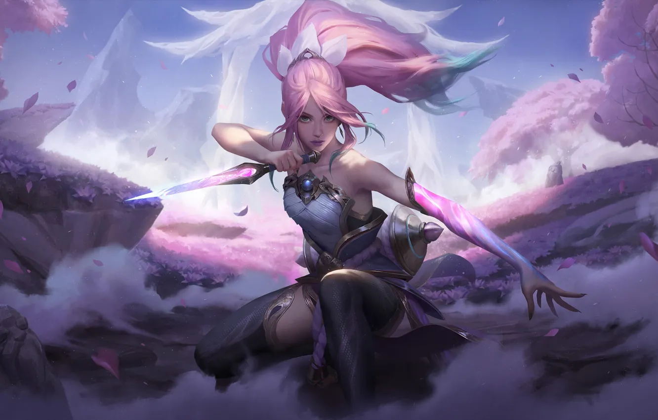 Фото обои pink hair, pink, women, cherry blossom, league of legends, fantasy art, drawing, dagger