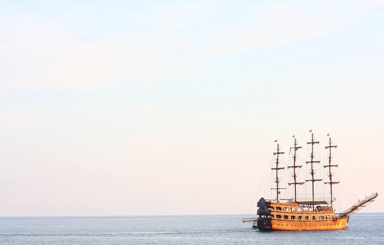 Фото обои море, корабль, парусник, утро, штиль, Turkey, мачты, Alanya