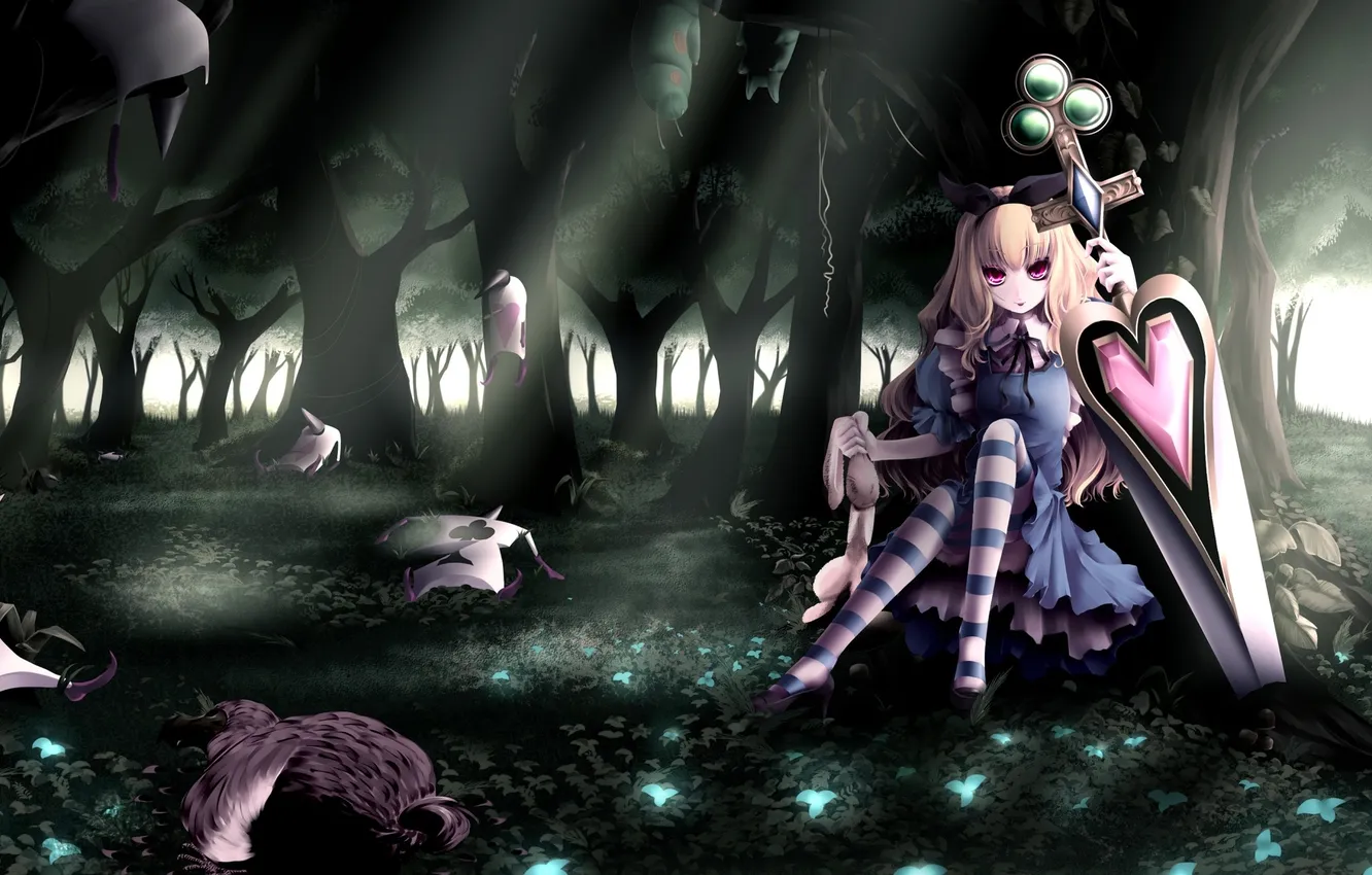 Фото обои лес, карты, девушка, гусеница, меч, кролик, платье, wonderland
