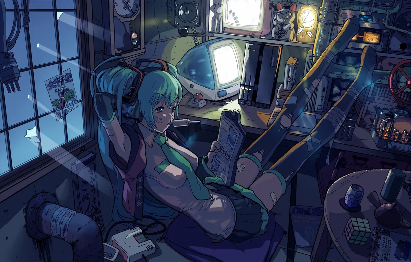 Фото обои компьютер, девушка, свет, ночь, чулки, аниме, окно, арт