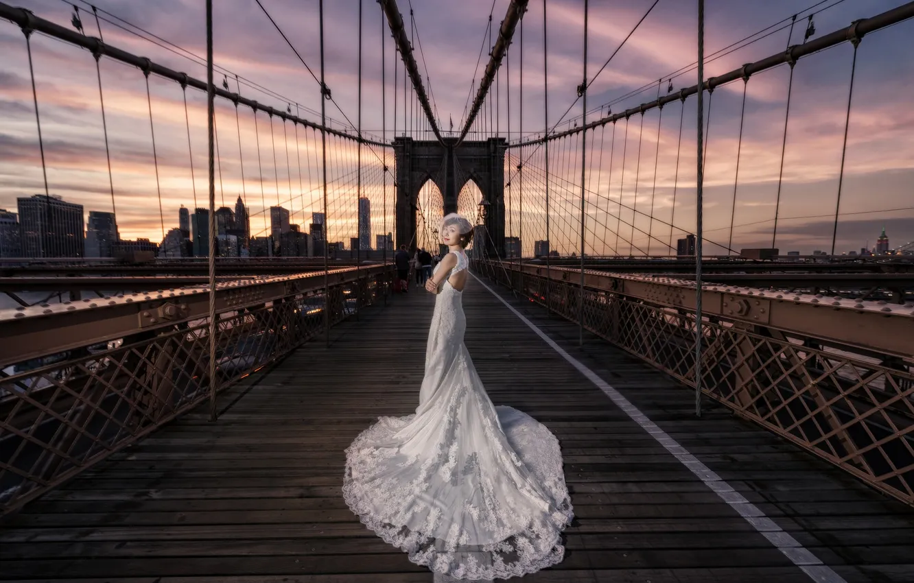 Фото обои девушка, мост, платье, азиатка, невеста