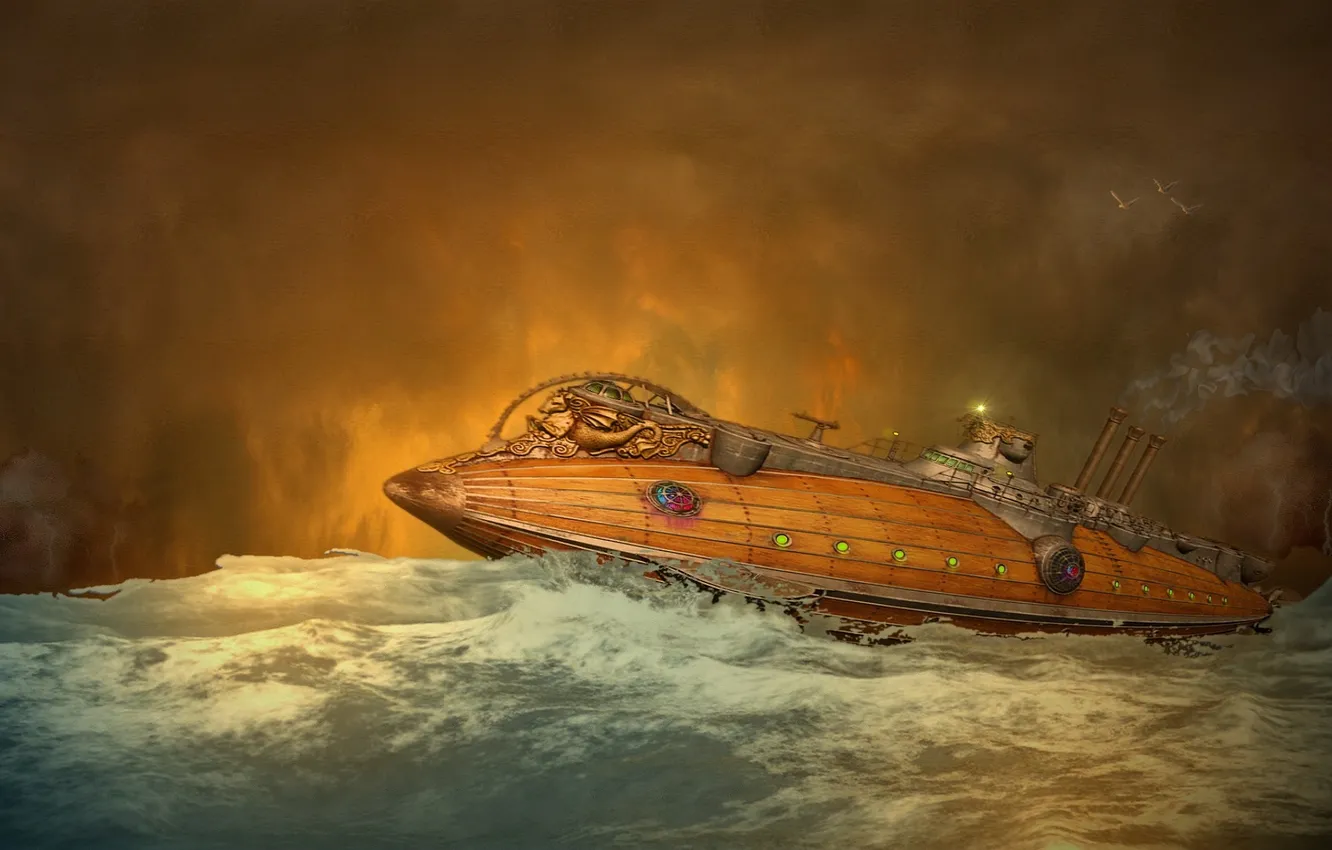 Фото обои море, волны, лодка, дым, чайки, труба, субмарина, подводная