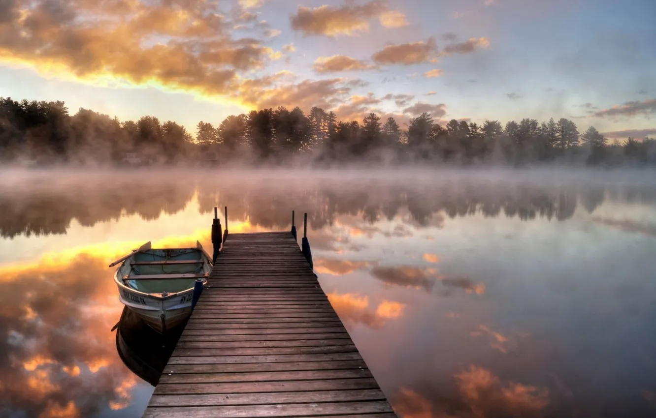 Фото обои Bridge, Sunrise, Morning, Fog, Lake, Reflection, Boat