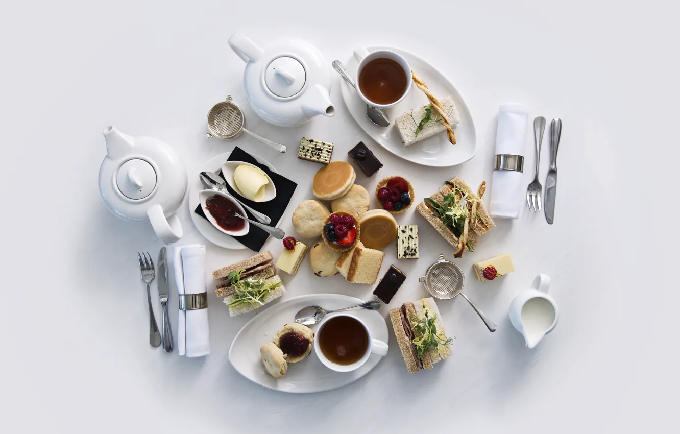 Фото обои чай, выпечка, бутерброды