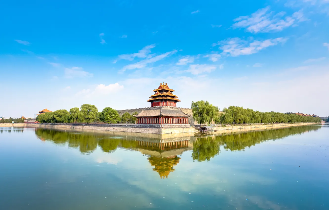 Фото обои небо, вода, деревья, отражение, China, здание, Китай, City