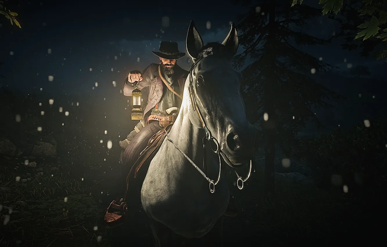 Фото обои HDR, Night, Rain, Game, Trees, Lamp, John Marston, Horse