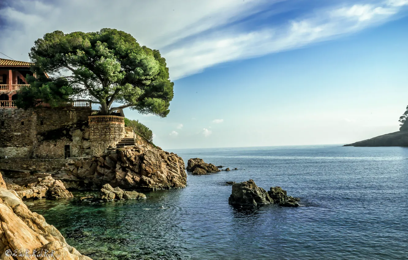 Фото обои море, небо, дом, камни, дерево, берег, горизонт, Испания