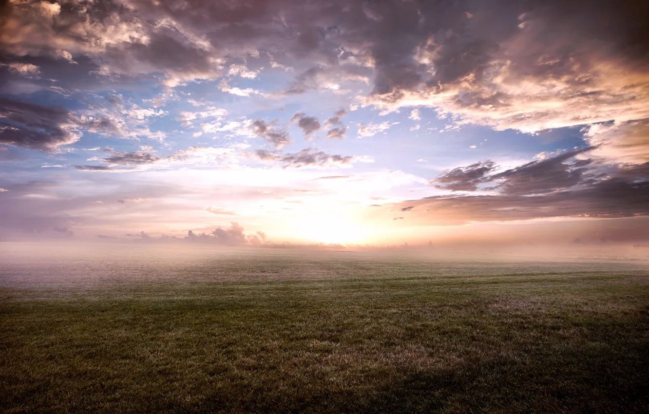 Фото обои небо, трава, облака, туман, утро