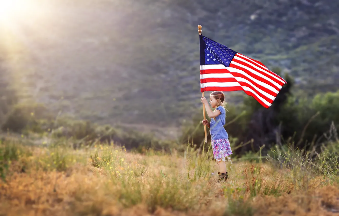 Фото обои флаг, девочка, патриотизм, American Girl