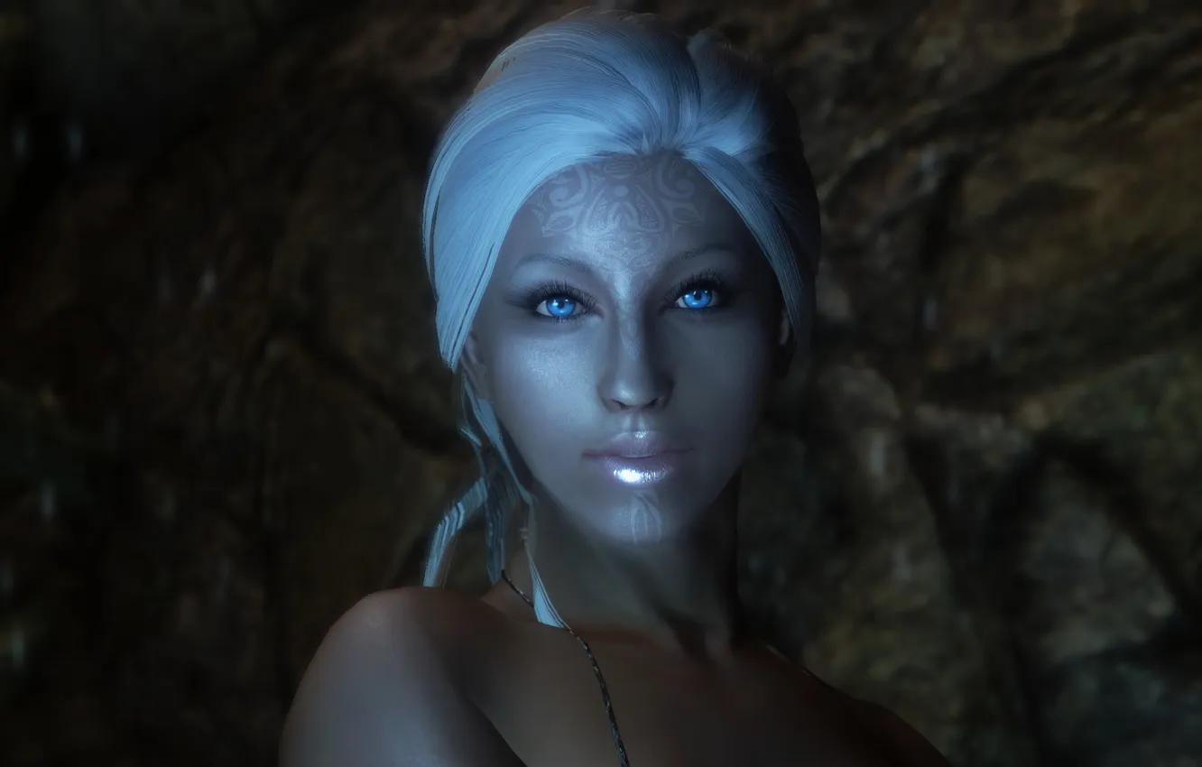 Фото обои взгляд, девушка, лицо, узоры, белые волосы, скайрим, Skyrim, The Elder Scrolls V