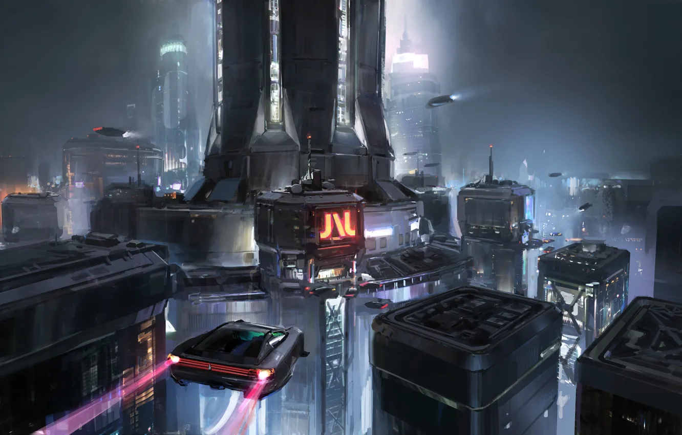 Фото обои Город, Будущее, Машины, Здания, City, Арт, Фантастика, Science Fiction