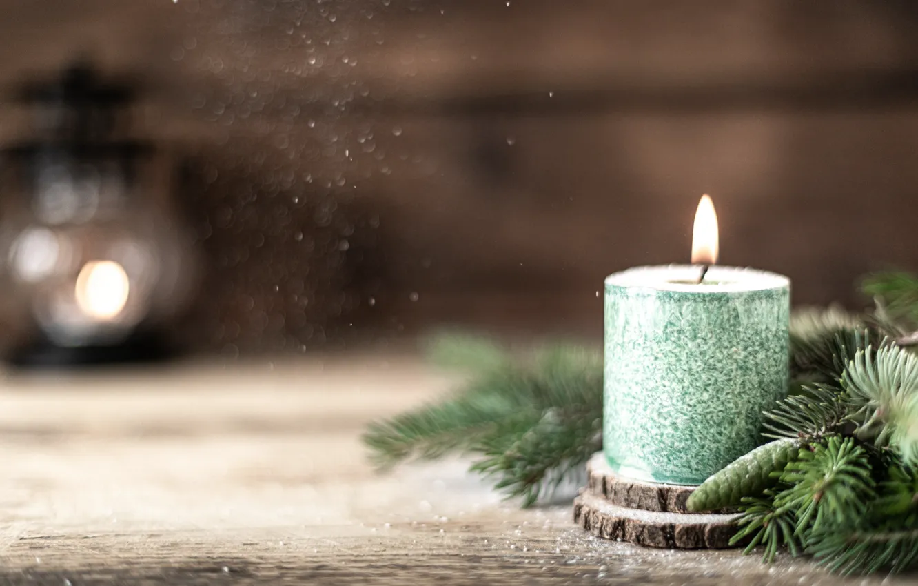 Фото обои свеча, Рождество, Новый год, шишка, декорация, еловые ветки