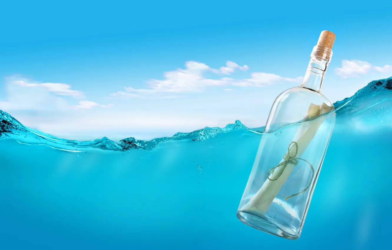 Фото обои море, письмо, вода, бутылка, пробка, верёвка, послание, письмо в бутылке