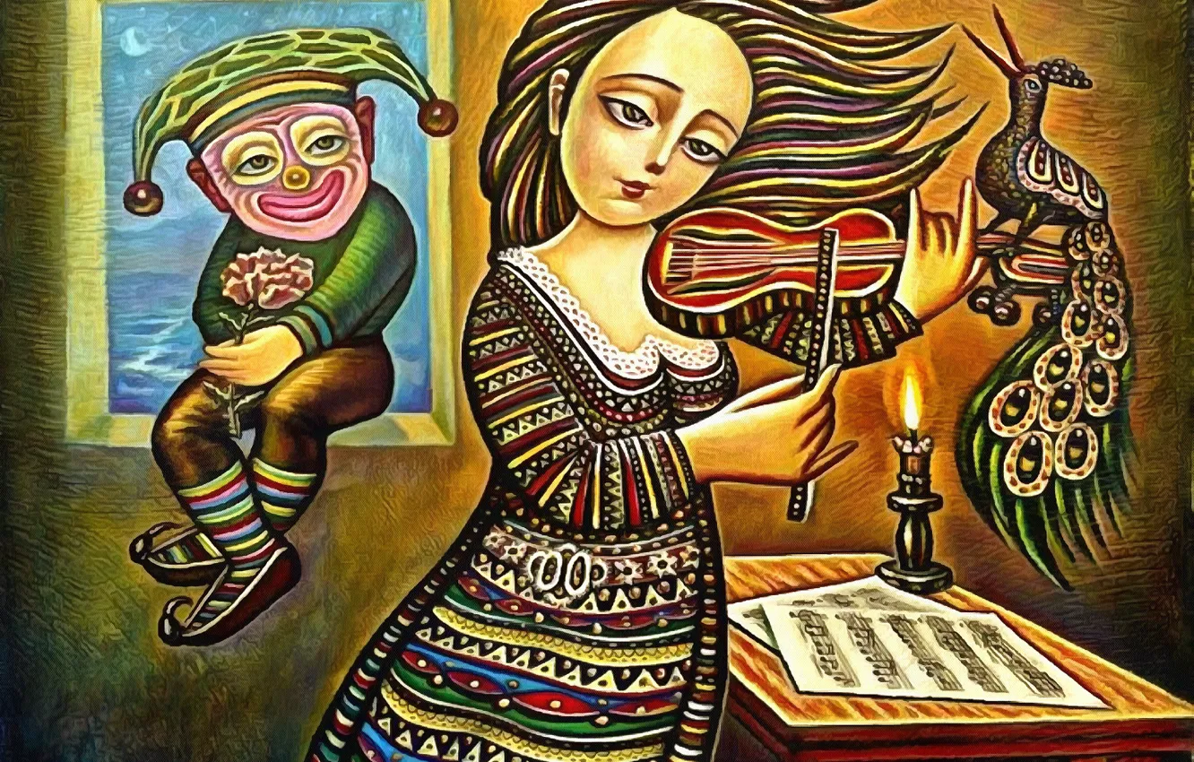 Фото обои клоун, Женщина, скрипачка, Севад Григорян, Лунная соната