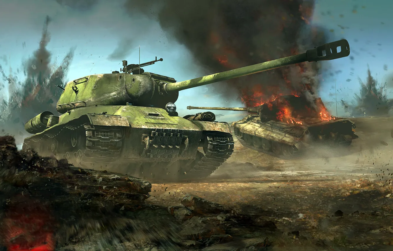Фото обои бой, ИС-2, Königstiger, Тигр II, Короле́вский тигр, советский тяжёлый танк, немецкий тяжёлый танк, war thunder