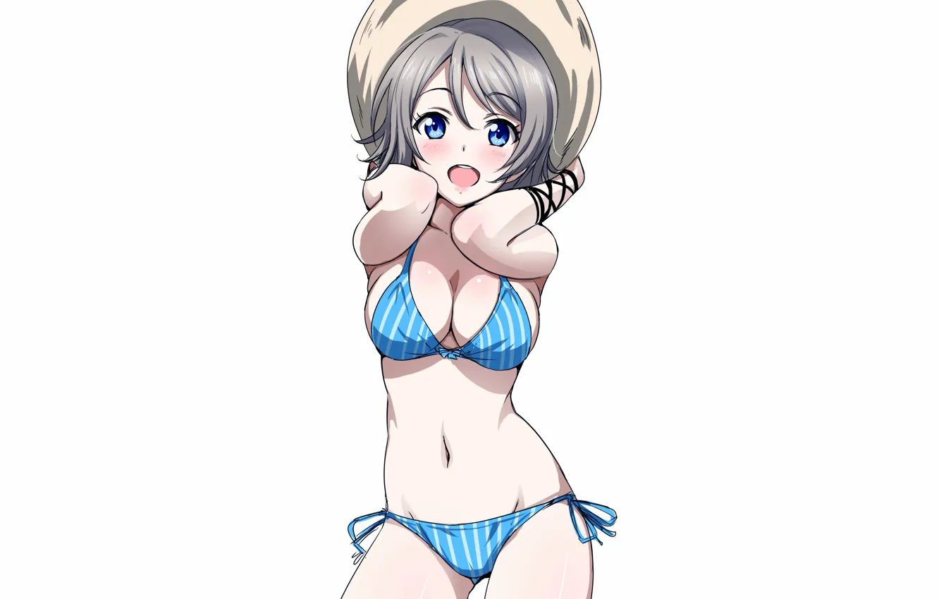 Фото обои girl, sexy, cleavage, boobs, anime, blue eyes, beautiful, short hair