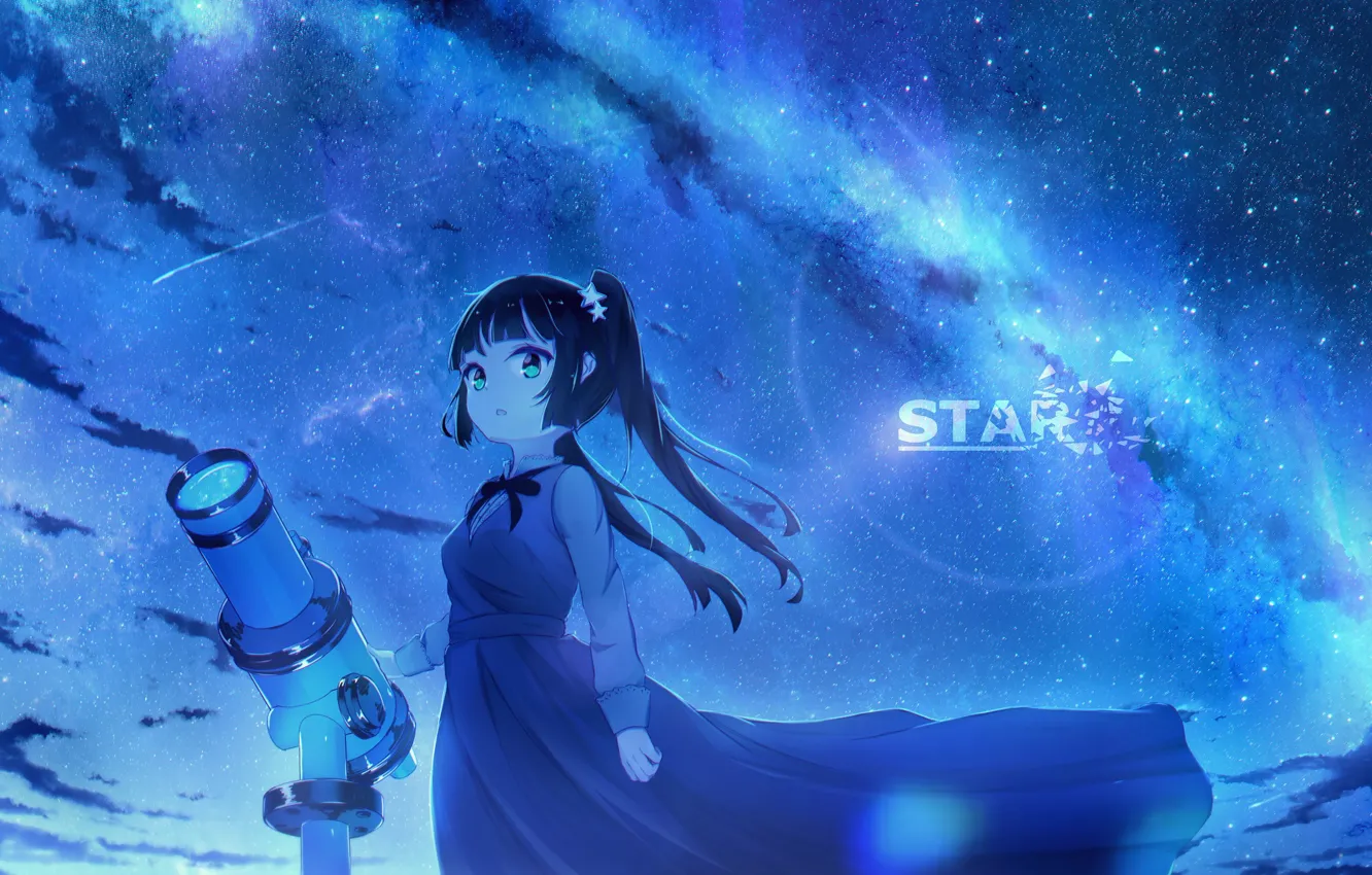 Фото обои небо, ночь, девочка, телескоп