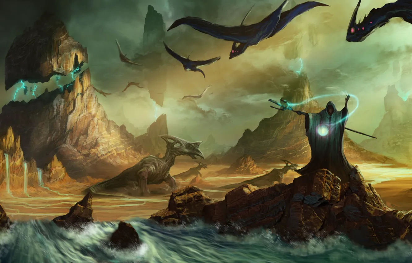 Фото обои вода, скалы, драконы, колдовство, фантастический мир, призывает, великий маг