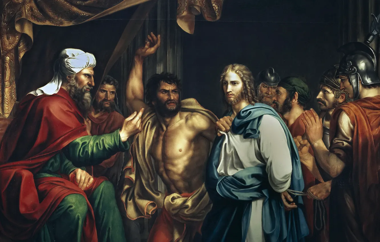 Фото обои картина, мифология, Хосе Мадрасо, Иисус в Доме Каифы