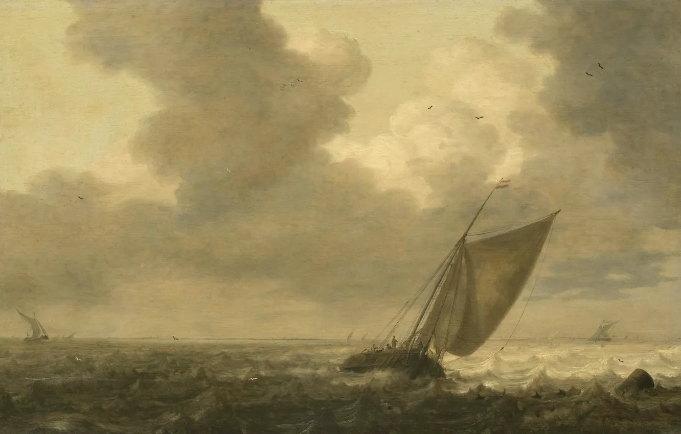 Фото обои дерево, масло, картина, морской пейзаж, Питер Мулир I, Рыбацкая Лодка под Парусом Идёт по Ветру