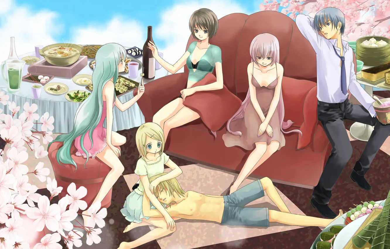 Фото обои стол, диван, аниме, арт, Vocaloid, Вокалоид, персонажи, сидят