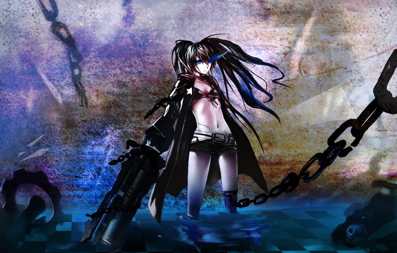 Фото обои вода, девушка, оружие, аниме, арт, пушка, цепи, black rock shooter