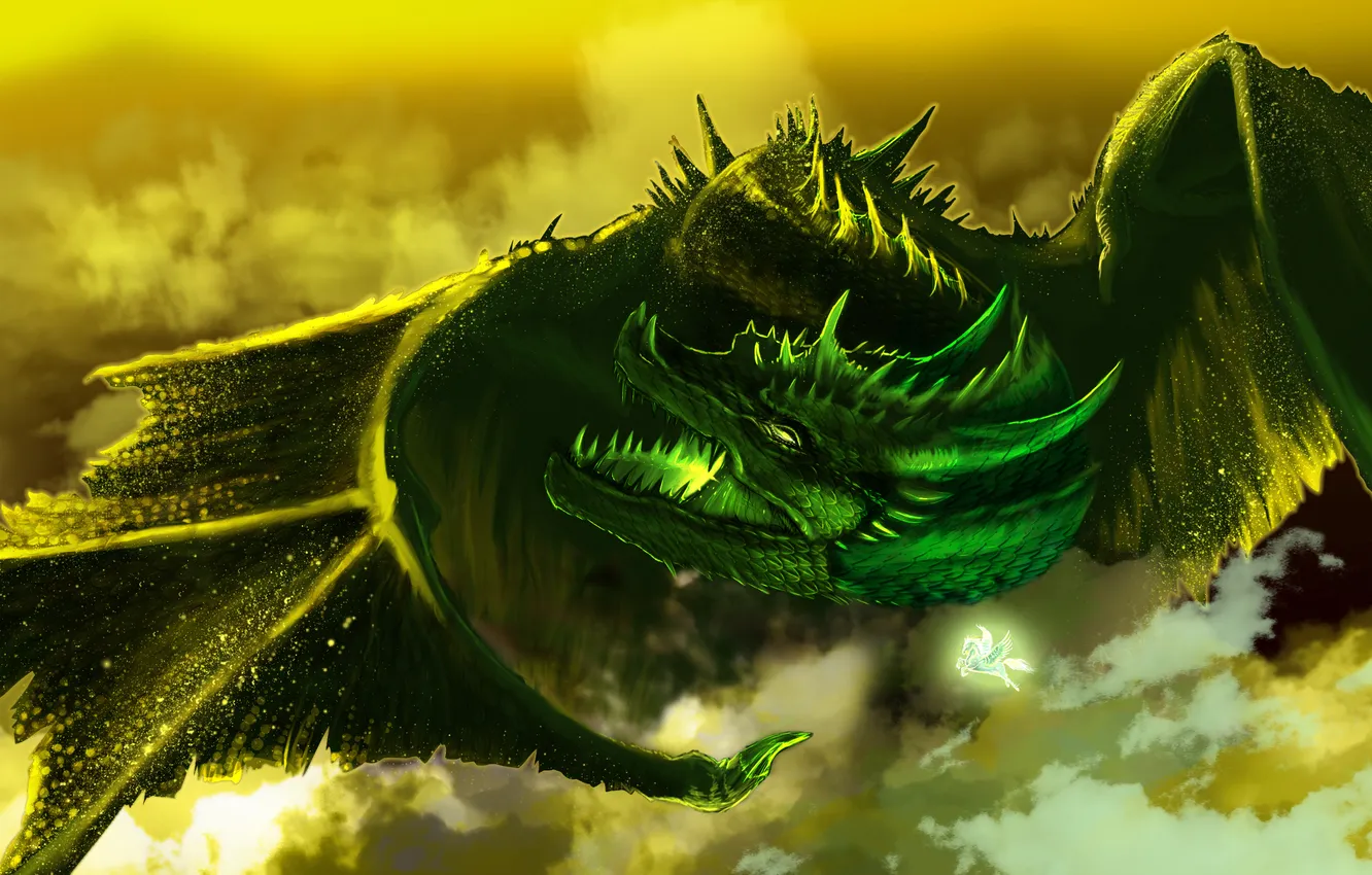 Фото обои полет, зеленый, магия, дракон, крылья, монстр, арт, пегас