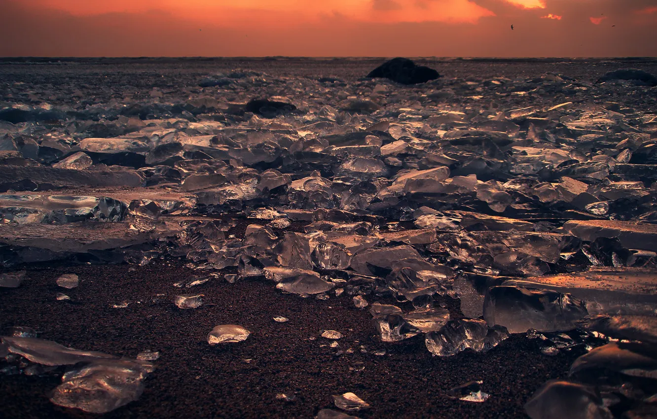 Фото обои закат, осколки, лёд